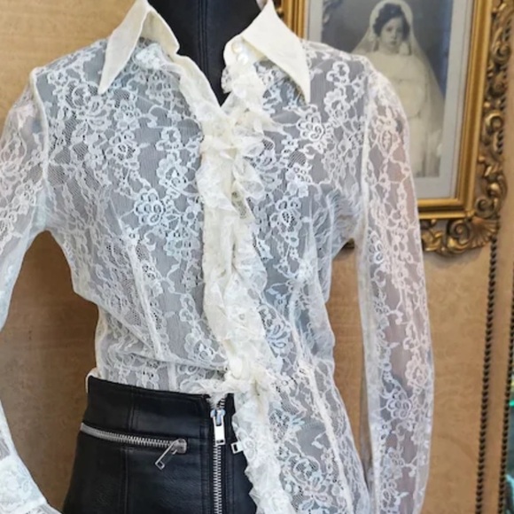 Vintage Sans Souci White Sheer Lace Blouse Sz L /G Classics BOHO Long sleeve - Picture 3 of 7